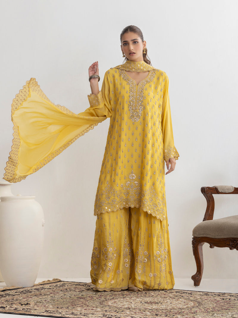Mehr Chinnon Sharara Set with Dupatta - Sunflower Yellow
