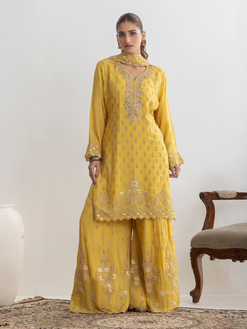 Mehr Chinnon Sharara Set with Dupatta - Sunflower Yellow