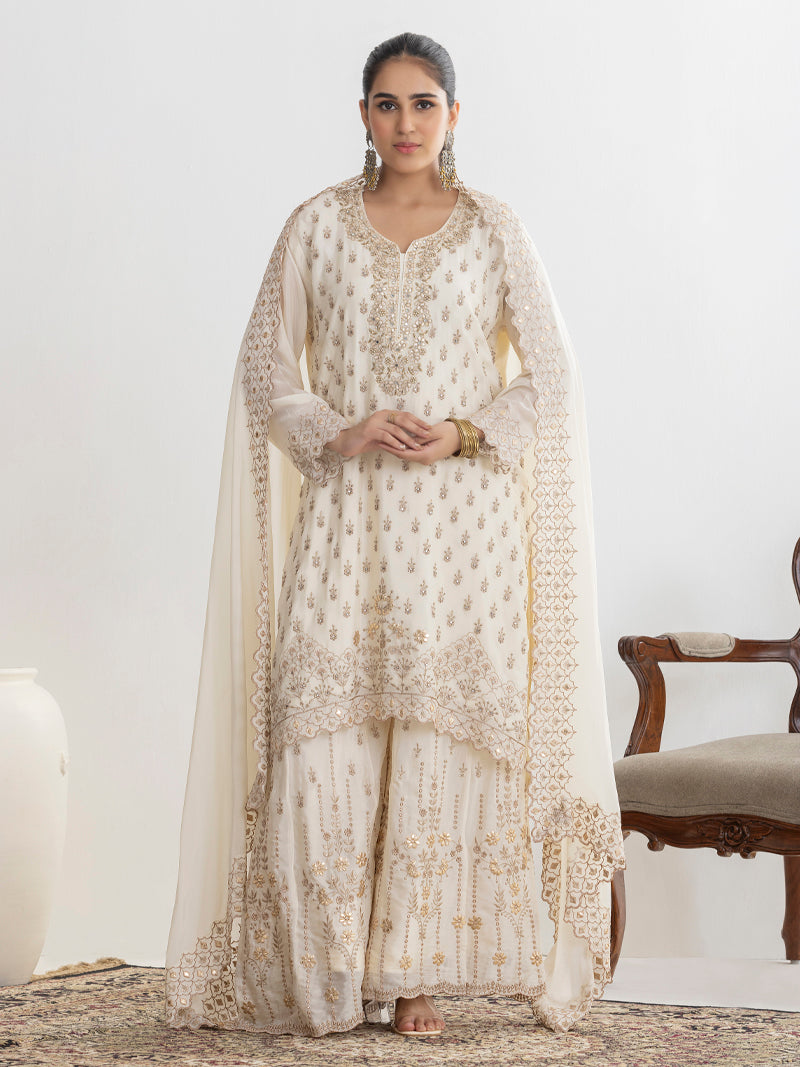 Mehr Chinnon Sharara Set with Dupatta - Cream