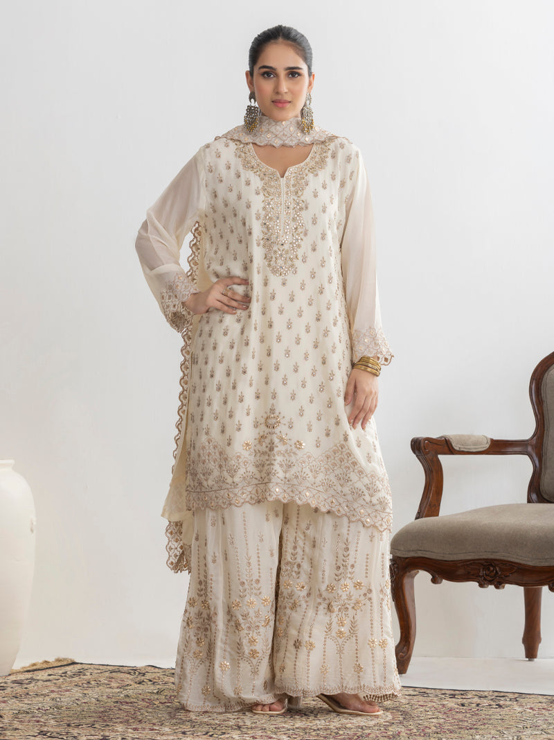 Mehr Chinnon Sharara Set with Dupatta - Cream