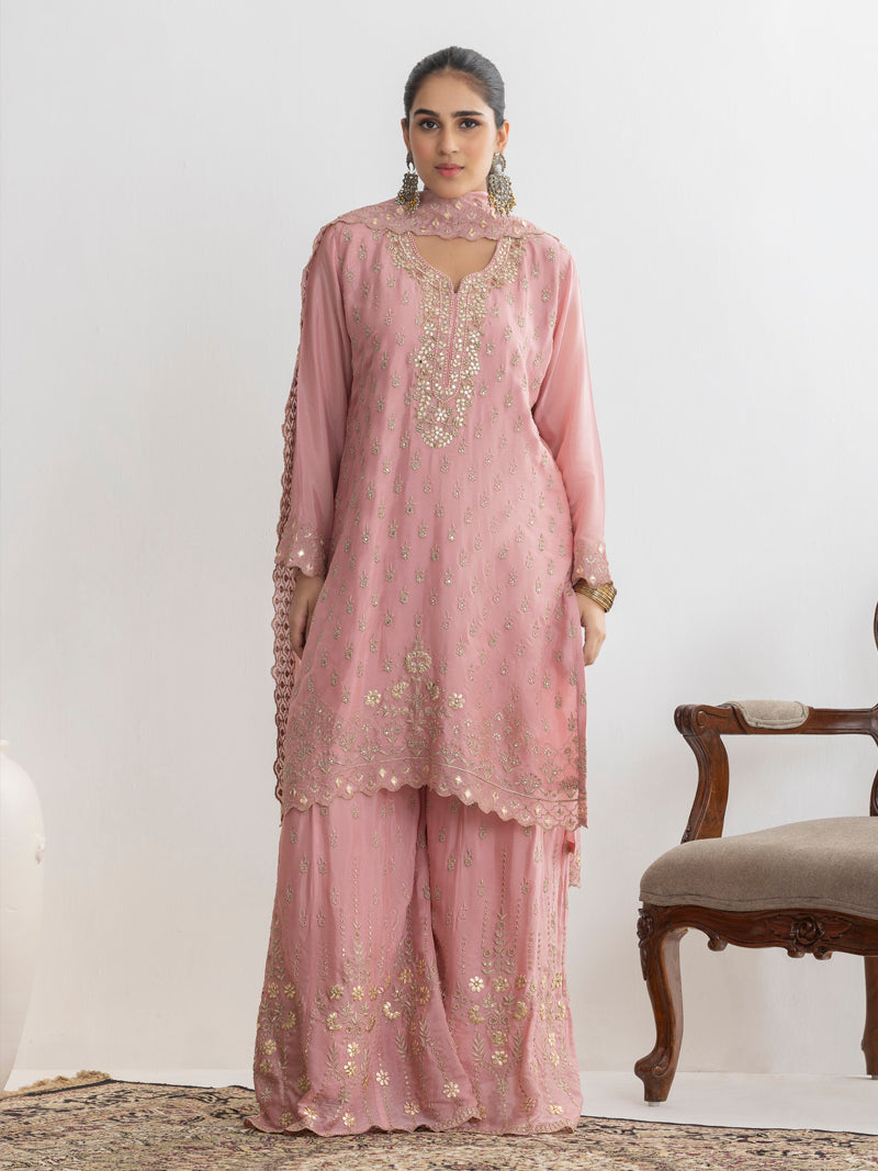 Mehr Chinnon Sharara Set with Dupatta - Rose Pink