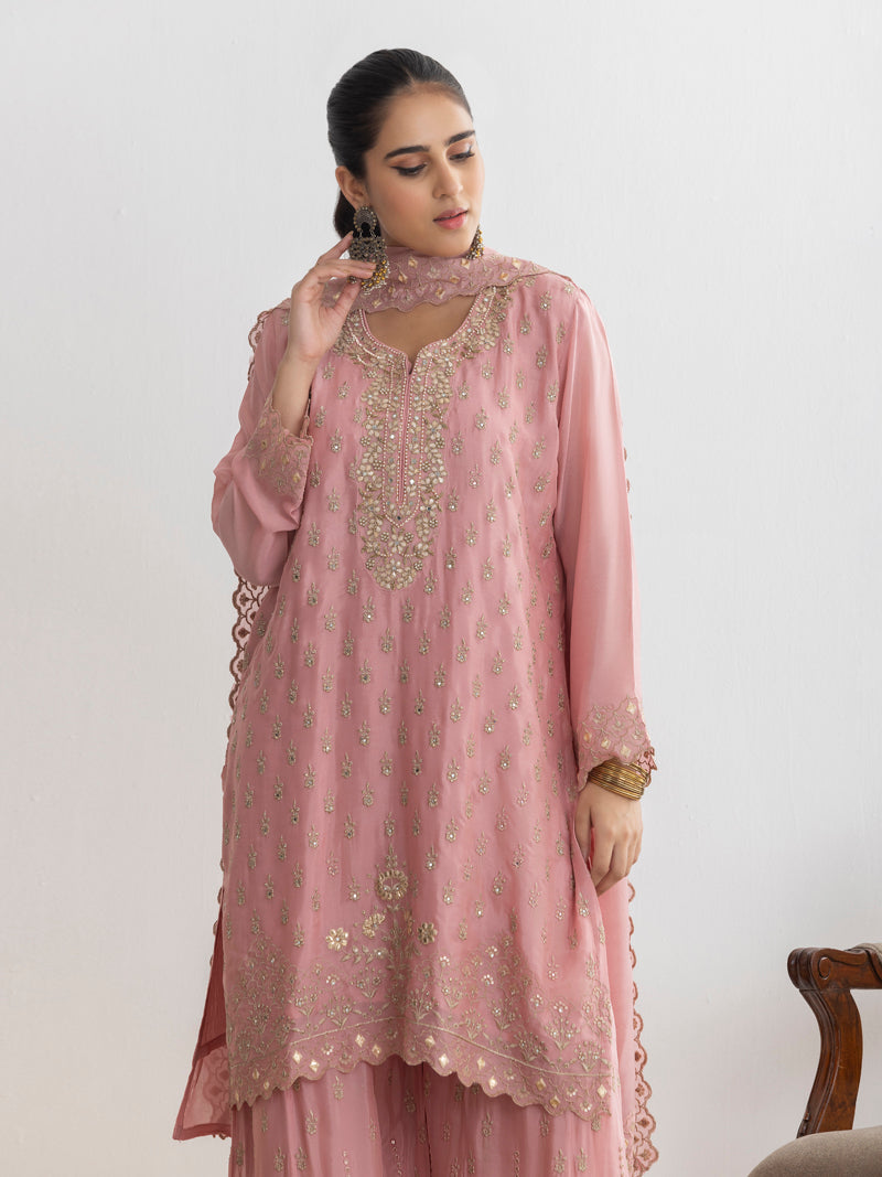 Mehr Chinnon Sharara Set with Dupatta - Rose Pink