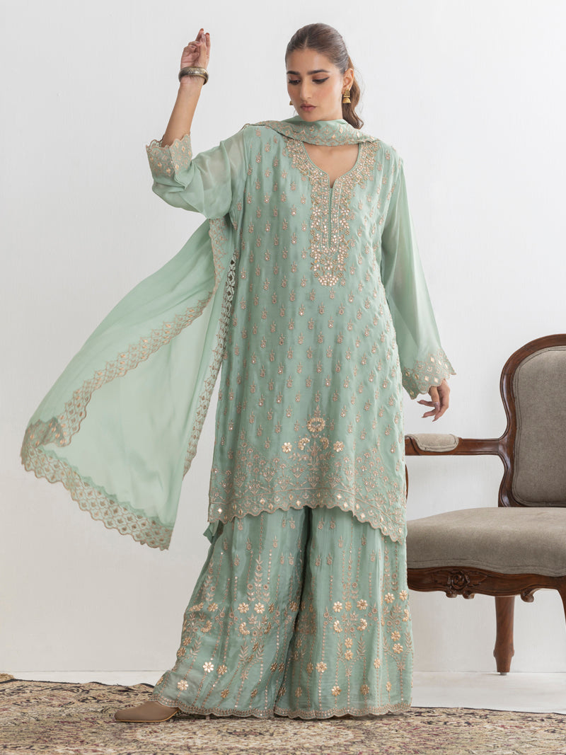 Mehr Chinnon Sharara Set with Dupatta - Mint Green