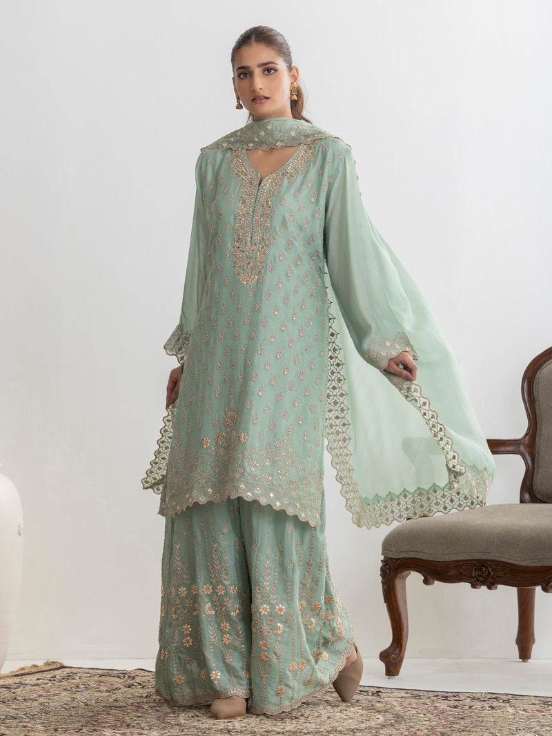 Mehr Chinnon Sharara Set with Dupatta - Mint Green
