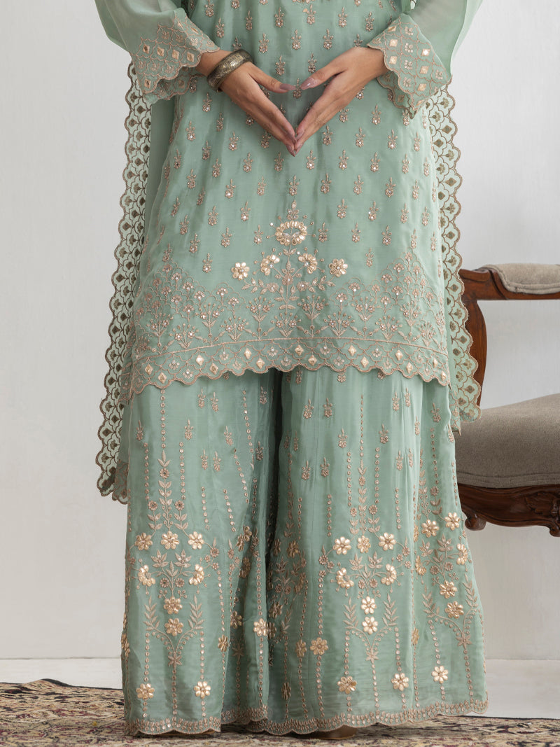 Mehr Chinnon Sharara Set with Dupatta - Mint Green