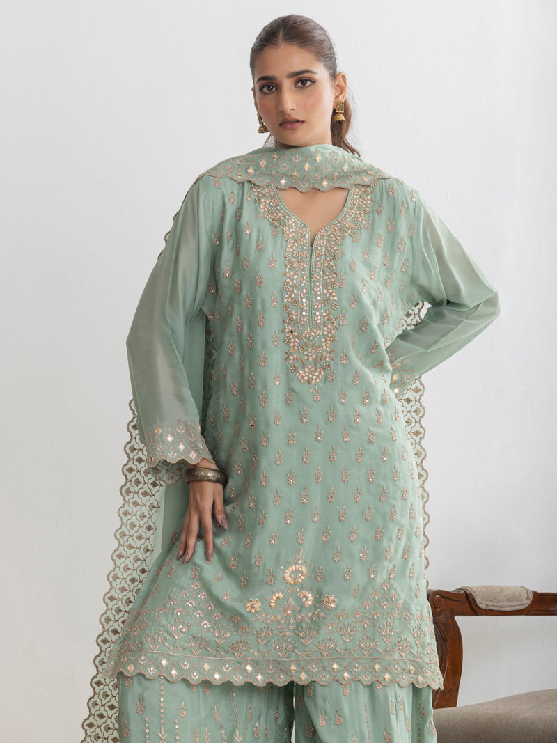 Mehr Chinnon Sharara Set with Dupatta - Mint Green