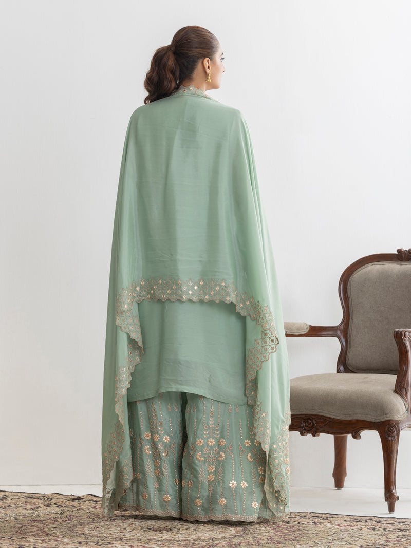 Mehr Chinnon Sharara Set with Dupatta - Mint Green