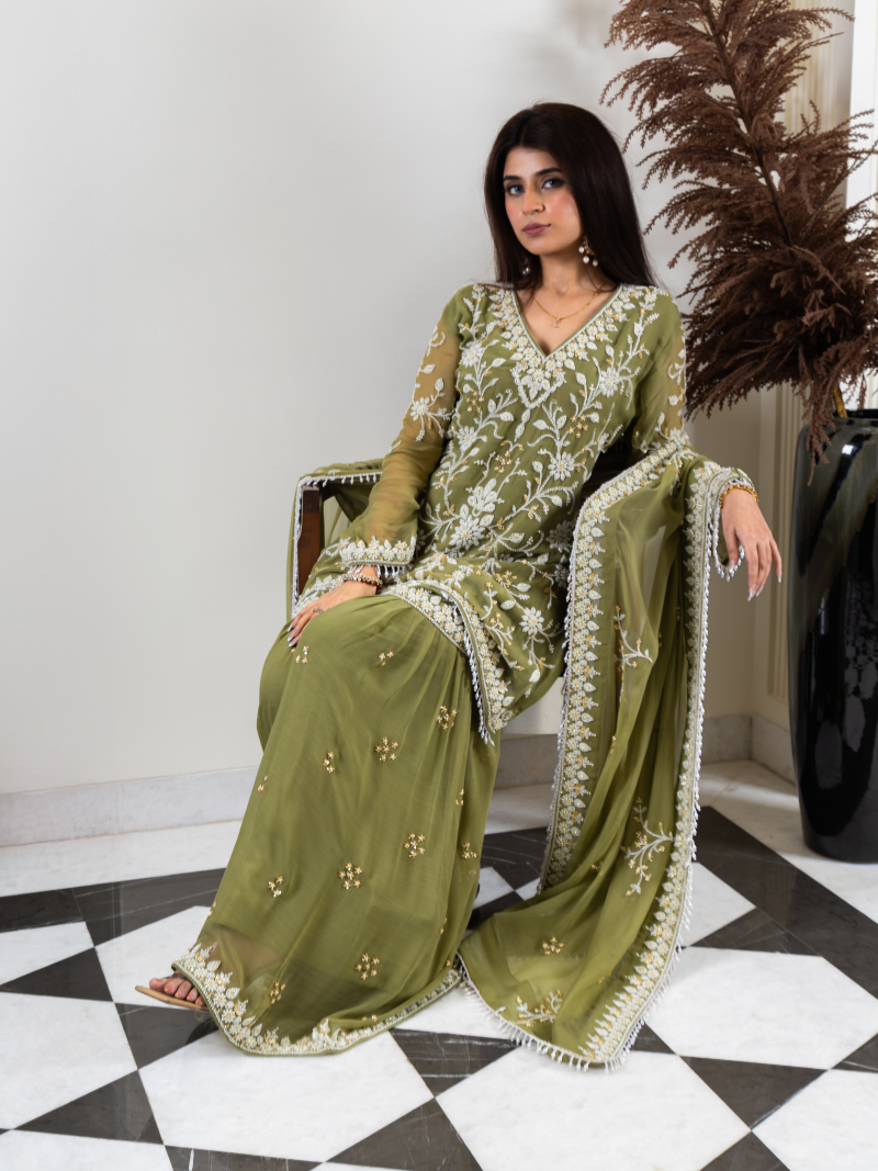 Aleya Pure Georgette Handworked Garara Set – Sage Green