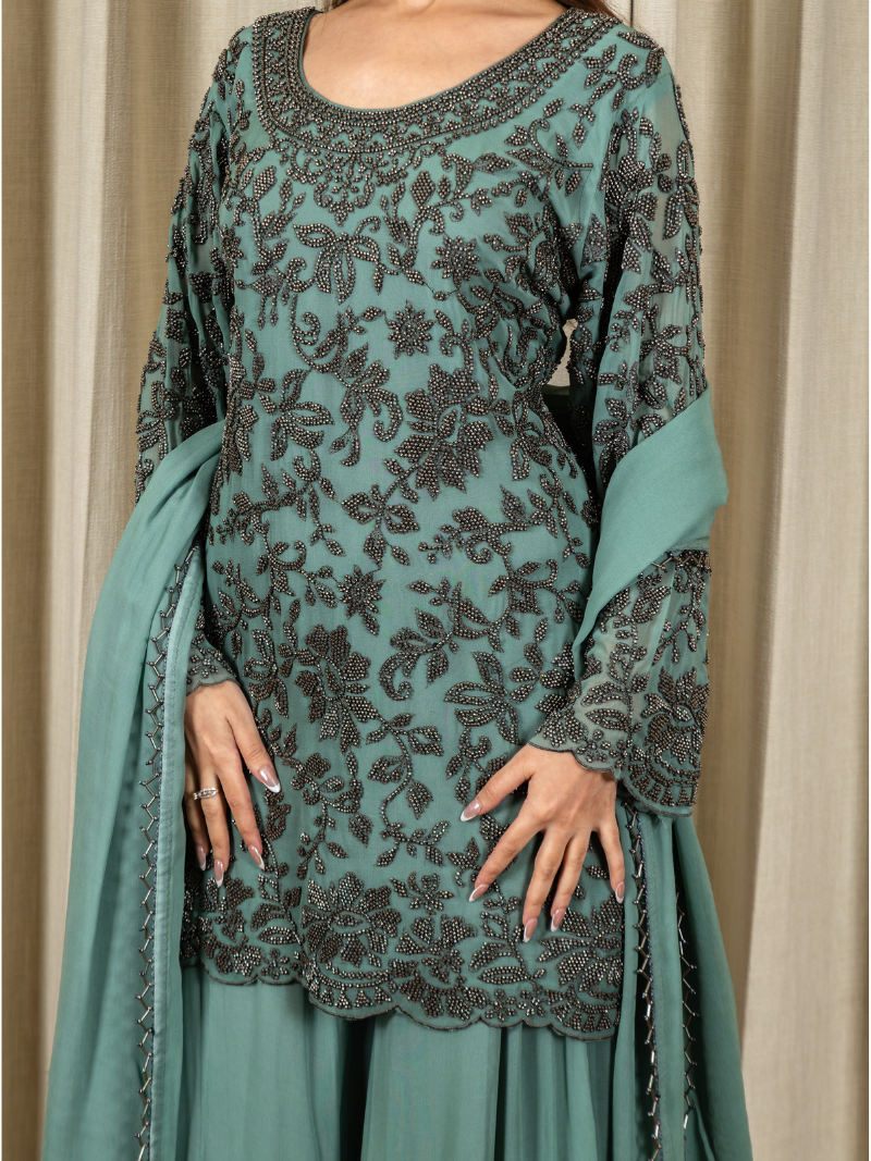 Zayna Georgette Handcrafted Sharara Set – Pastel Teal