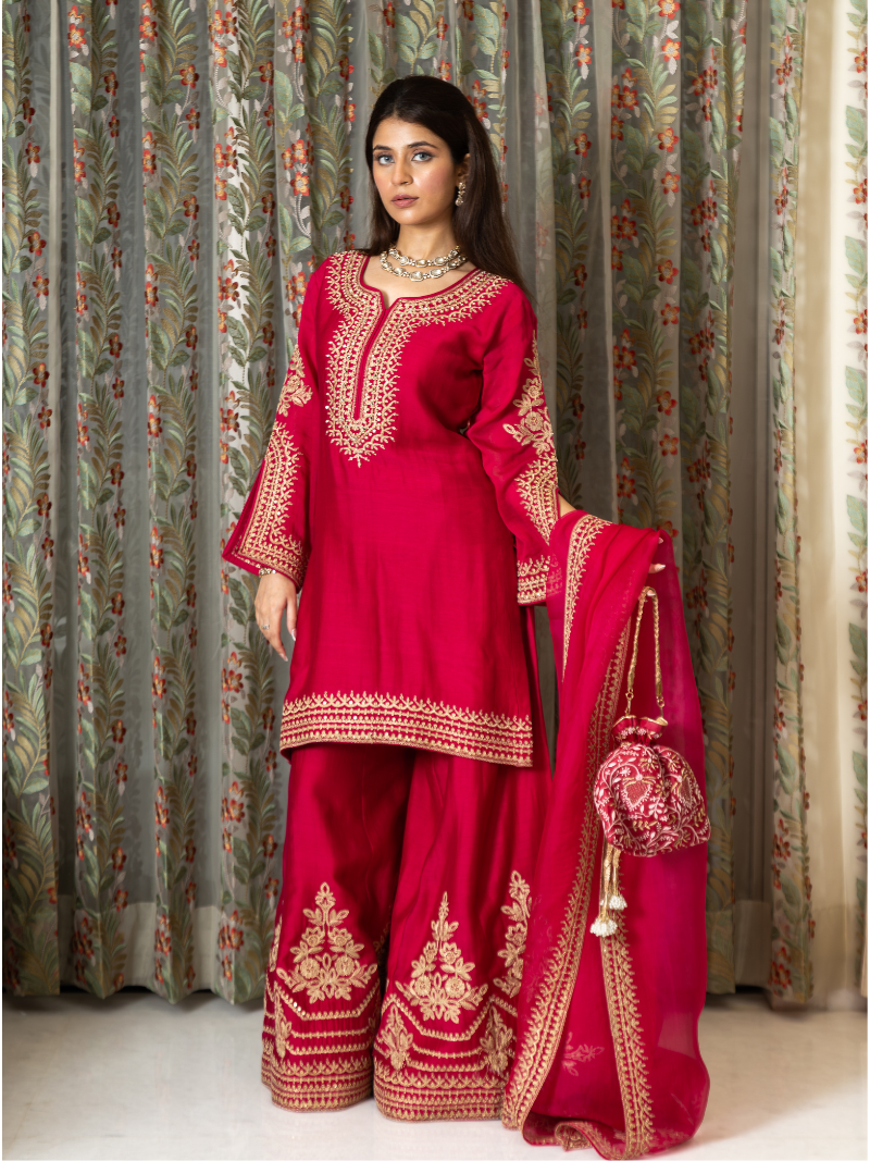 Adhira Mul Chanderi Dori Embroidered Sharara Set – Crimson Red