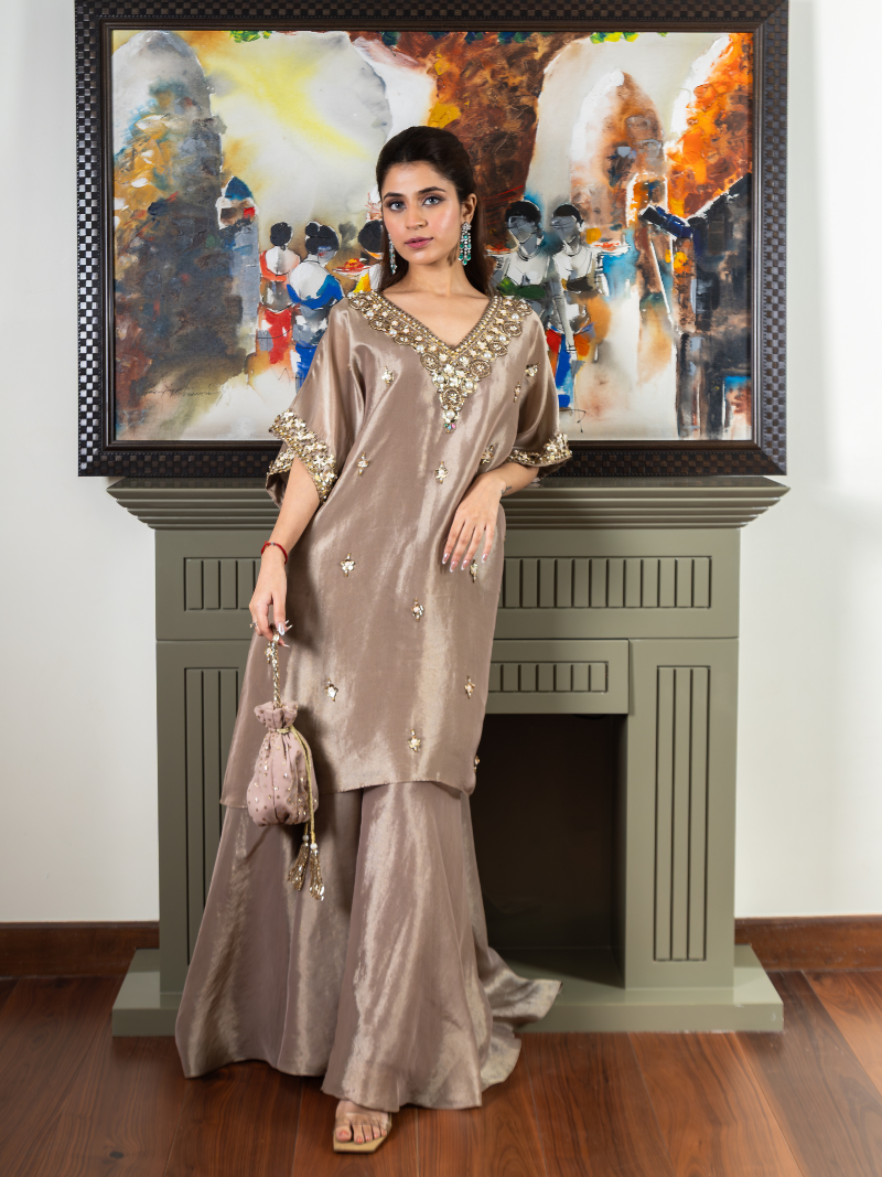 Inaaya Kanchipuram Silk Kaftan Sharara Set – Taupe Beige