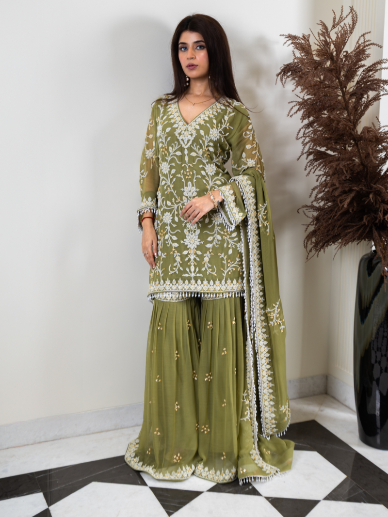 Aleya Pure Georgette Handworked Garara Set – Sage Green