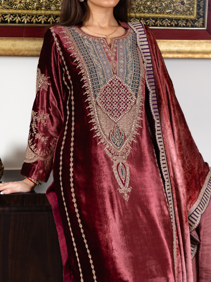 Fiza Velvet Embroidered Suit Set– Wine Red