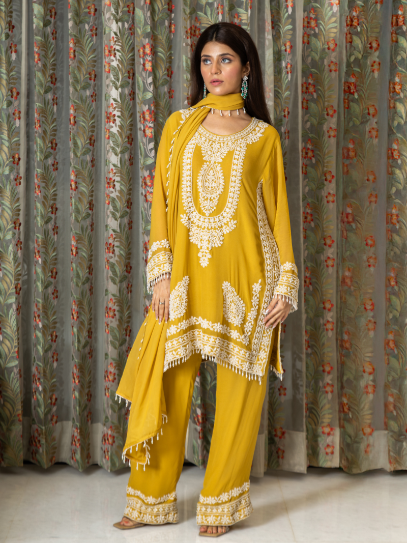 Nayira Georgette Embroidered Kurta Set – Sunset Mustard