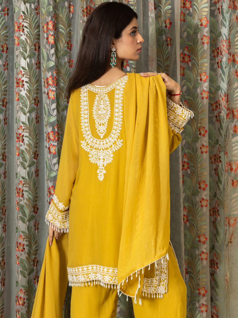 Nayira Georgette Embroidered Kurta Set – Sunset Mustard