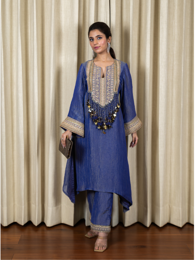 Nayra Royal Tissue Handwork Kurta Set – Sapphire Blue