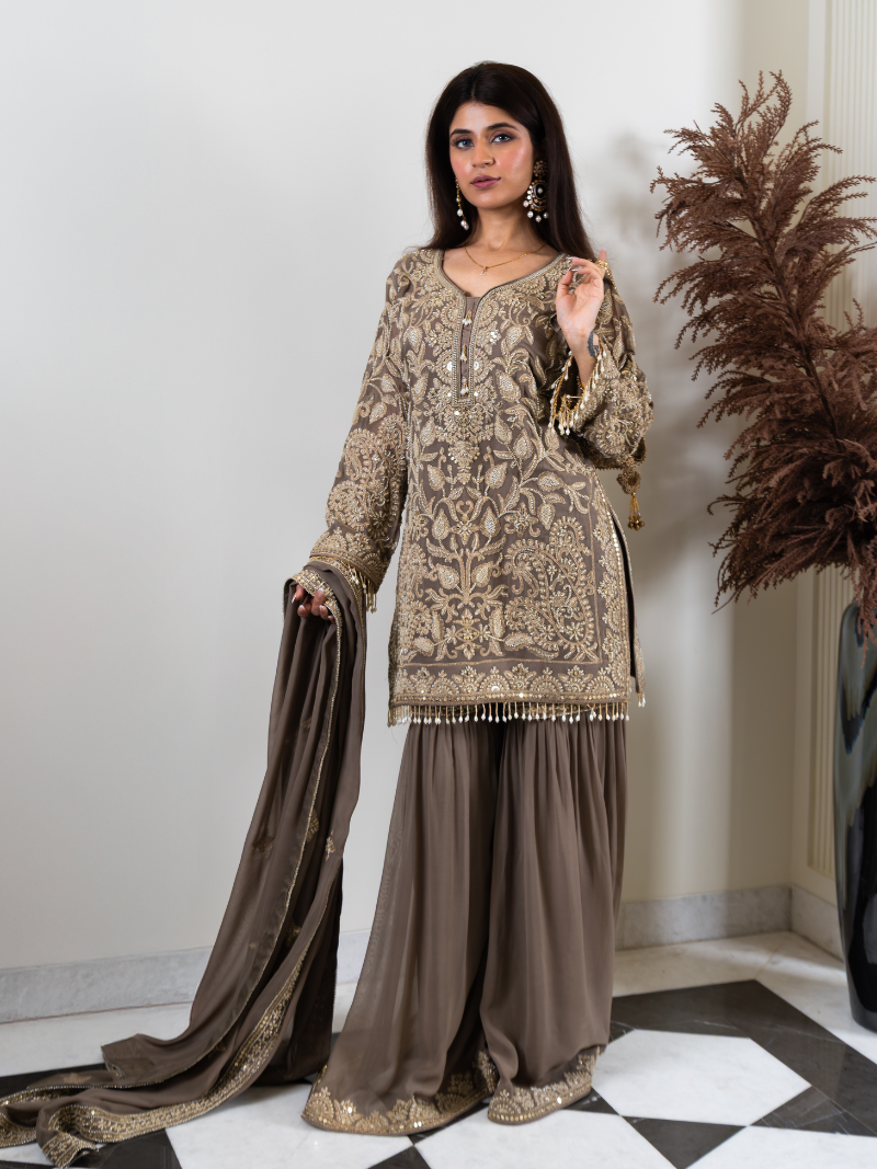 Saher Pure Georgette Handworked Garara Set – Taupe Beige