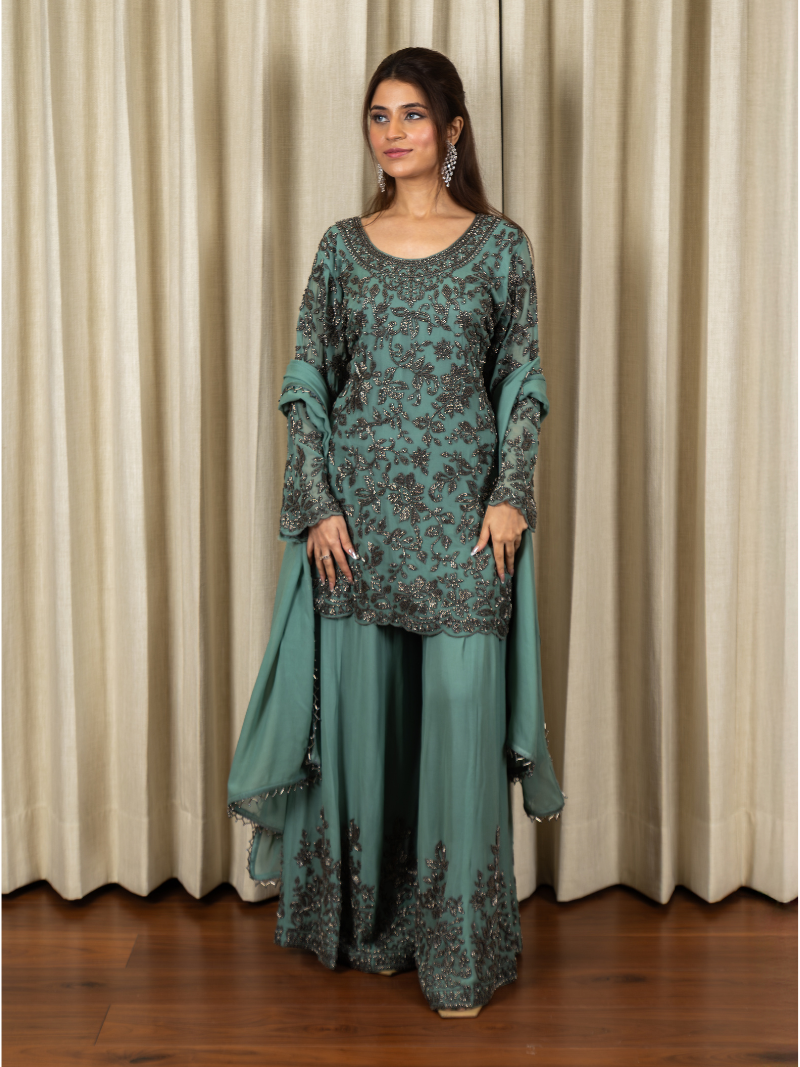 Zayna Georgette Handcrafted Sharara Set – Pastel Teal
