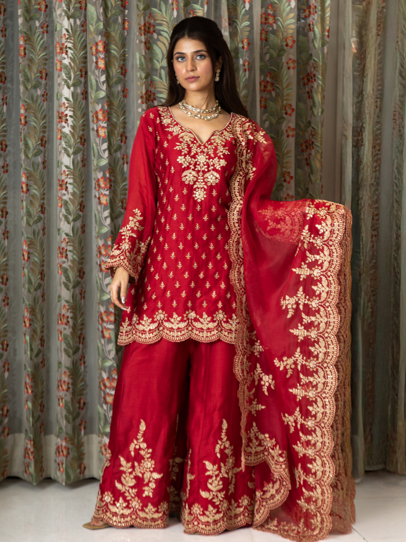 Aarini Mul Chanderi Dori Embroidered Sharara Set – Red