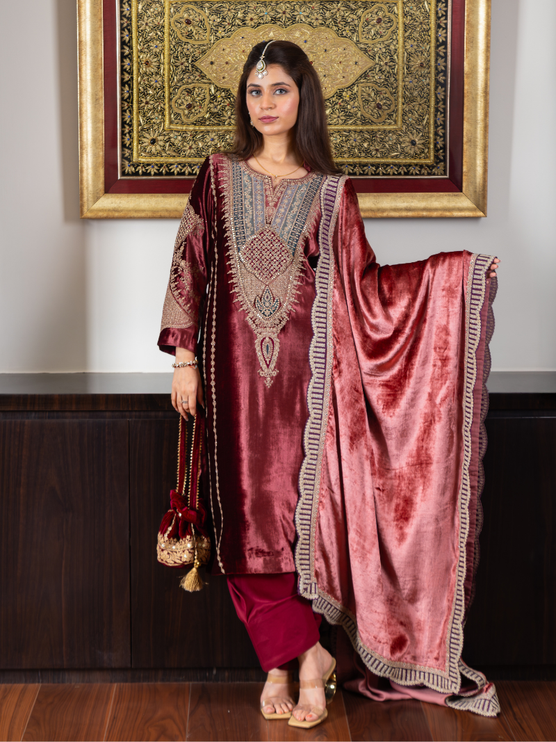 Fiza Velvet Embroidered Suit Set– Wine Red
