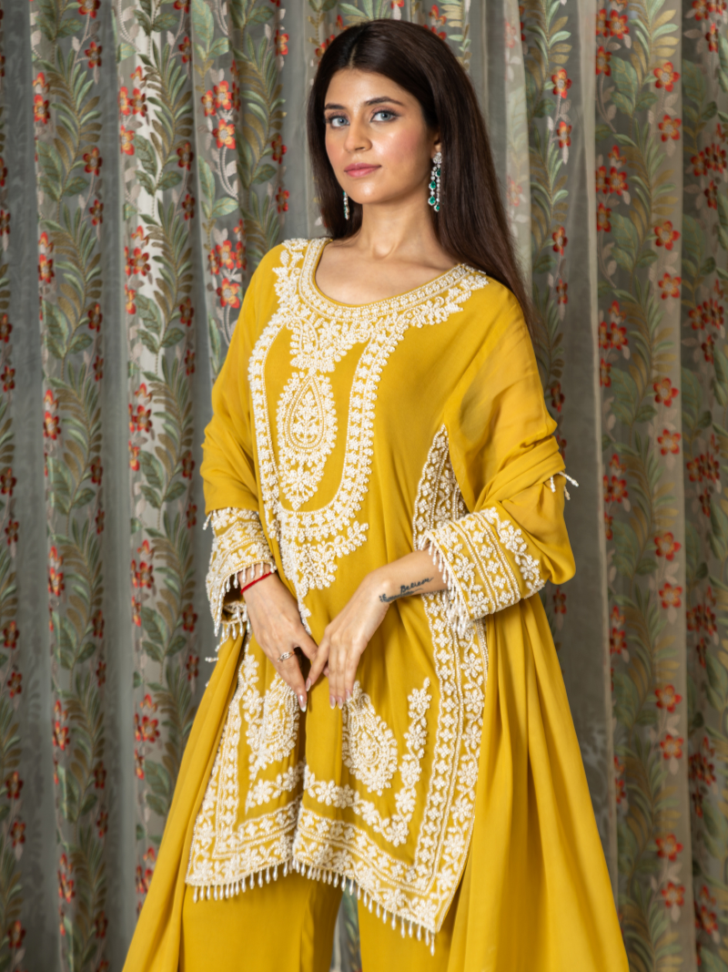 Nayira Georgette Embroidered Kurta Set – Sunset Mustard