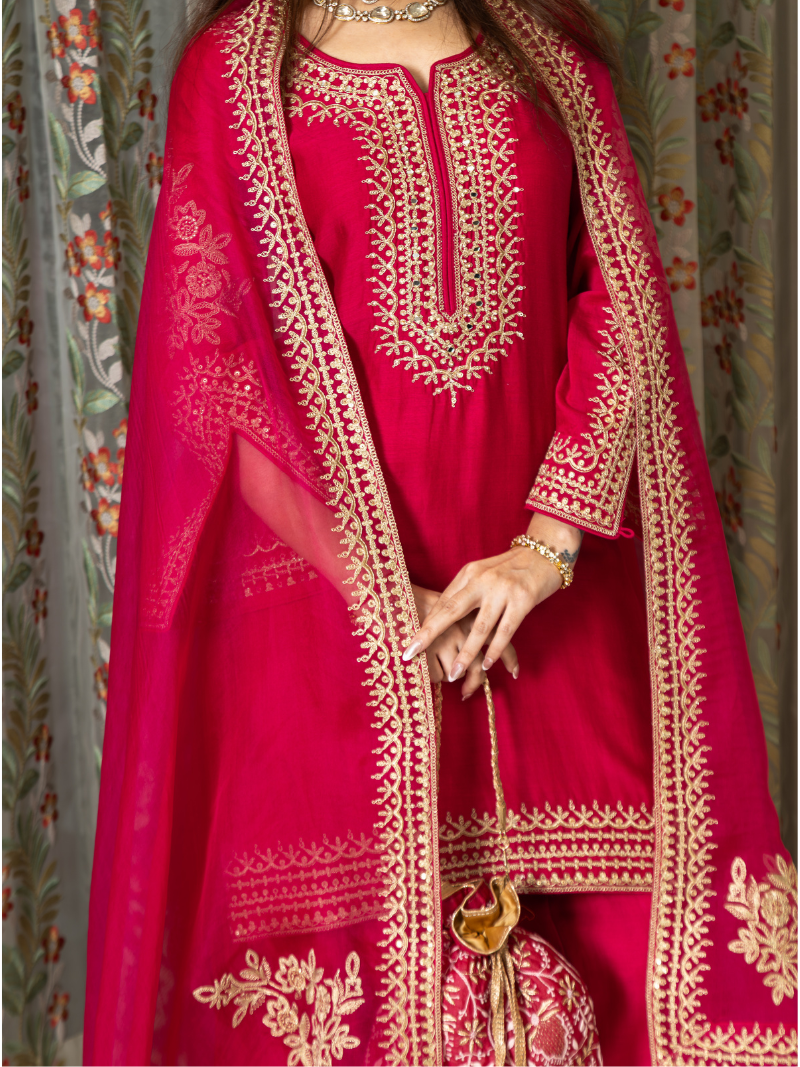 Adhira Mul Chanderi Dori Embroidered Sharara Set – Crimson Red