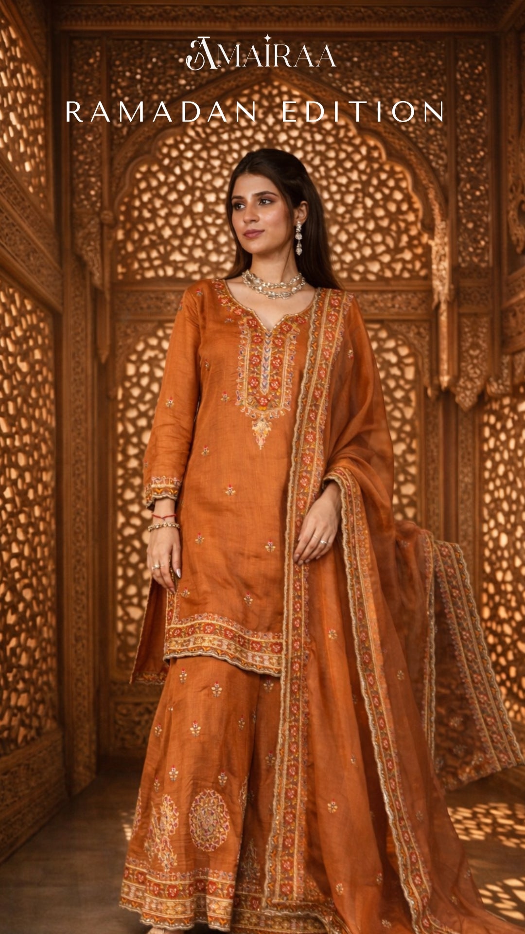 Inara Mul Chanderi Threadwork Garara Set – Terracotta