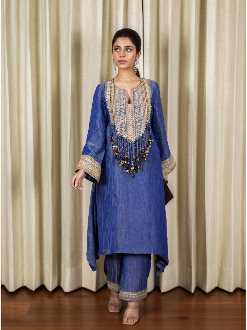 Nayra Royal Tissue Handwork Kurta Set – Sapphire Blue