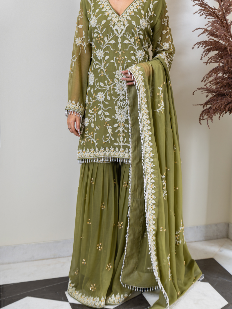 Aleya Pure Georgette Handworked Garara Set – Sage Green