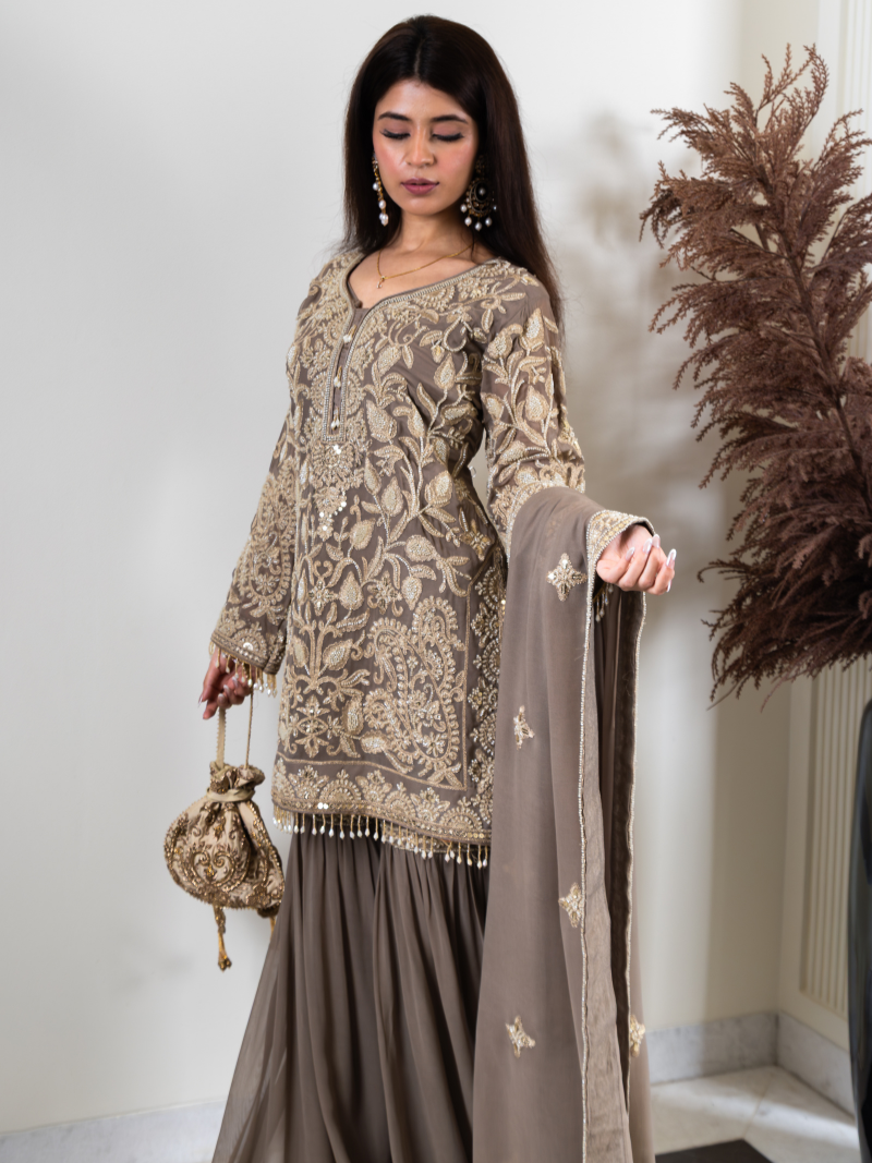 Saher Pure Georgette Handworked Garara Set – Taupe Beige