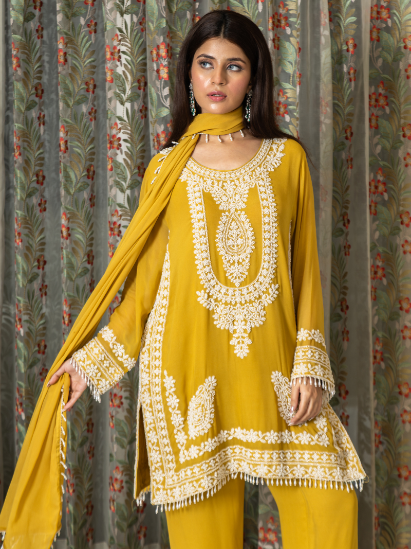 Nayira Georgette Embroidered Kurta Set – Sunset Mustard