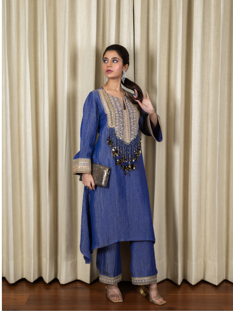 Nayra Royal Tissue Handwork Kurta Set – Sapphire Blue