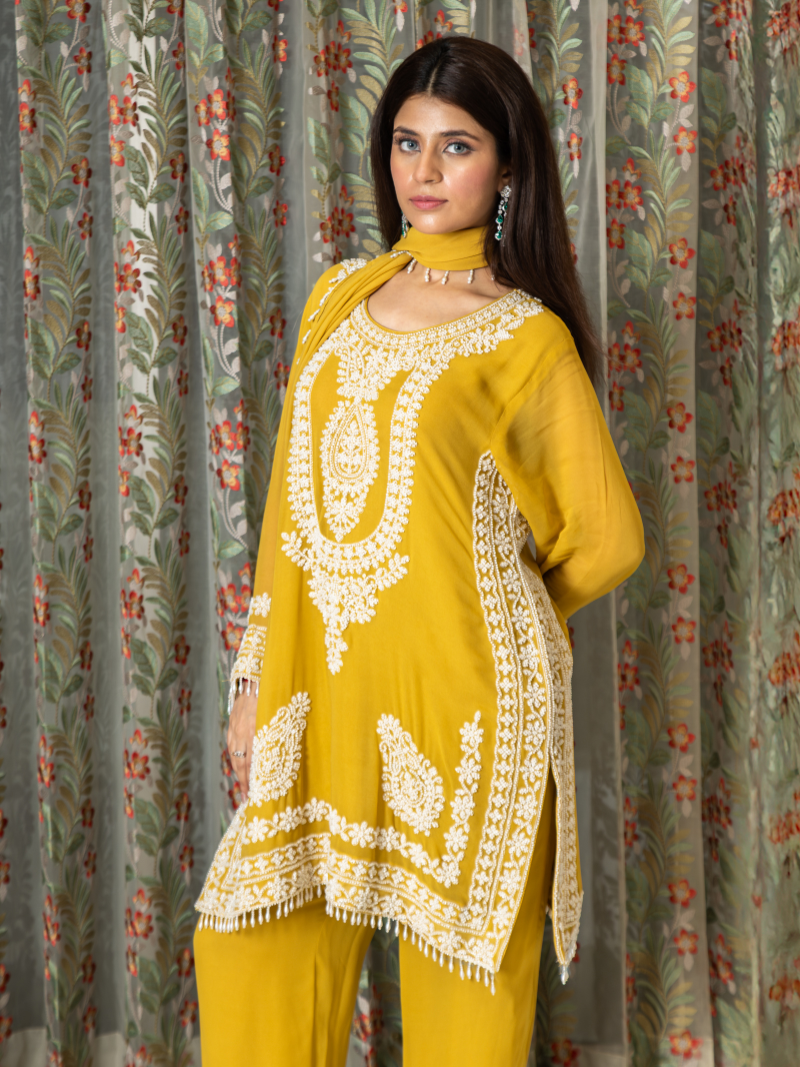 Nayira Georgette Embroidered Kurta Set – Sunset Mustard