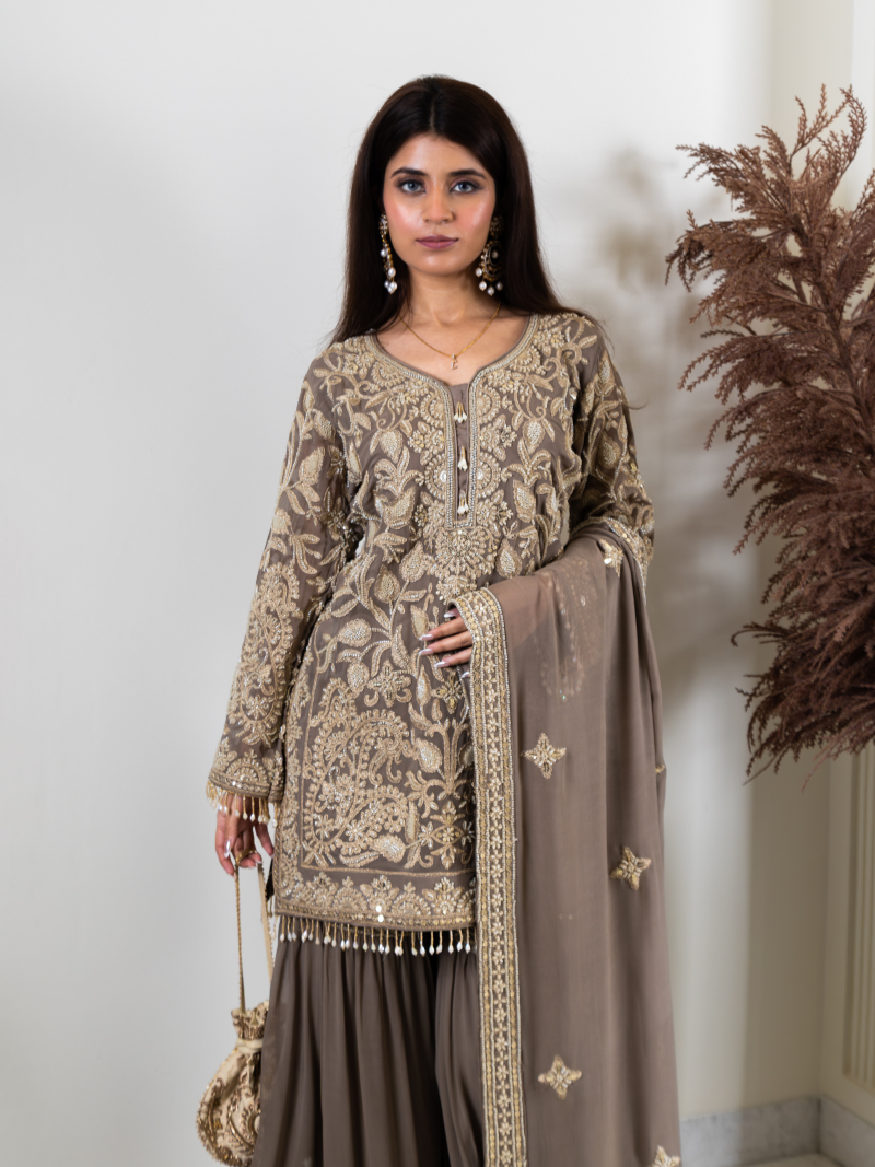 Saher Pure Georgette Handworked Garara Set – Taupe Beige
