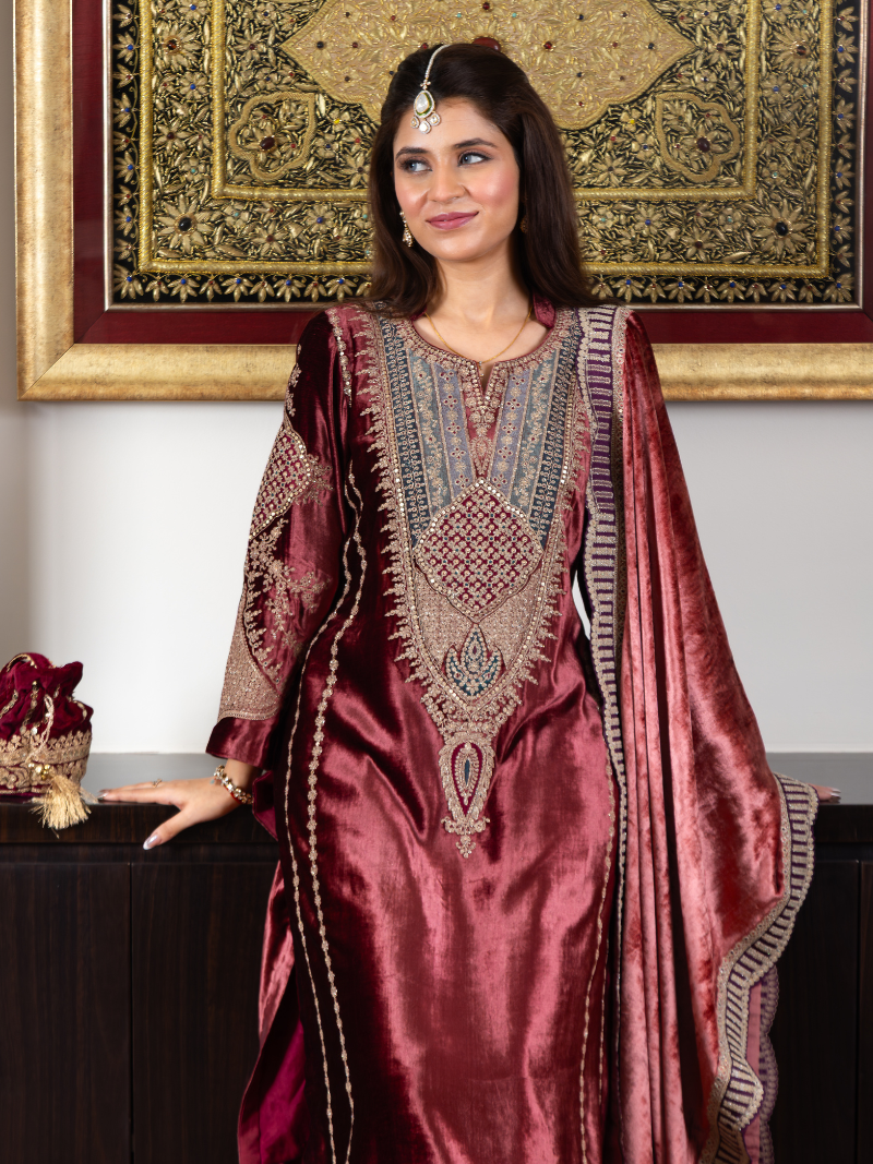 Fiza Velvet Embroidered Suit Set– Wine Red