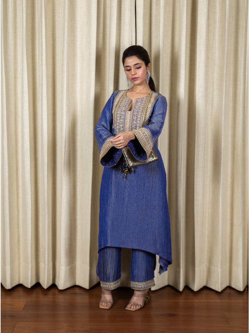 Nayra Royal Tissue Handwork Kurta Set – Sapphire Blue