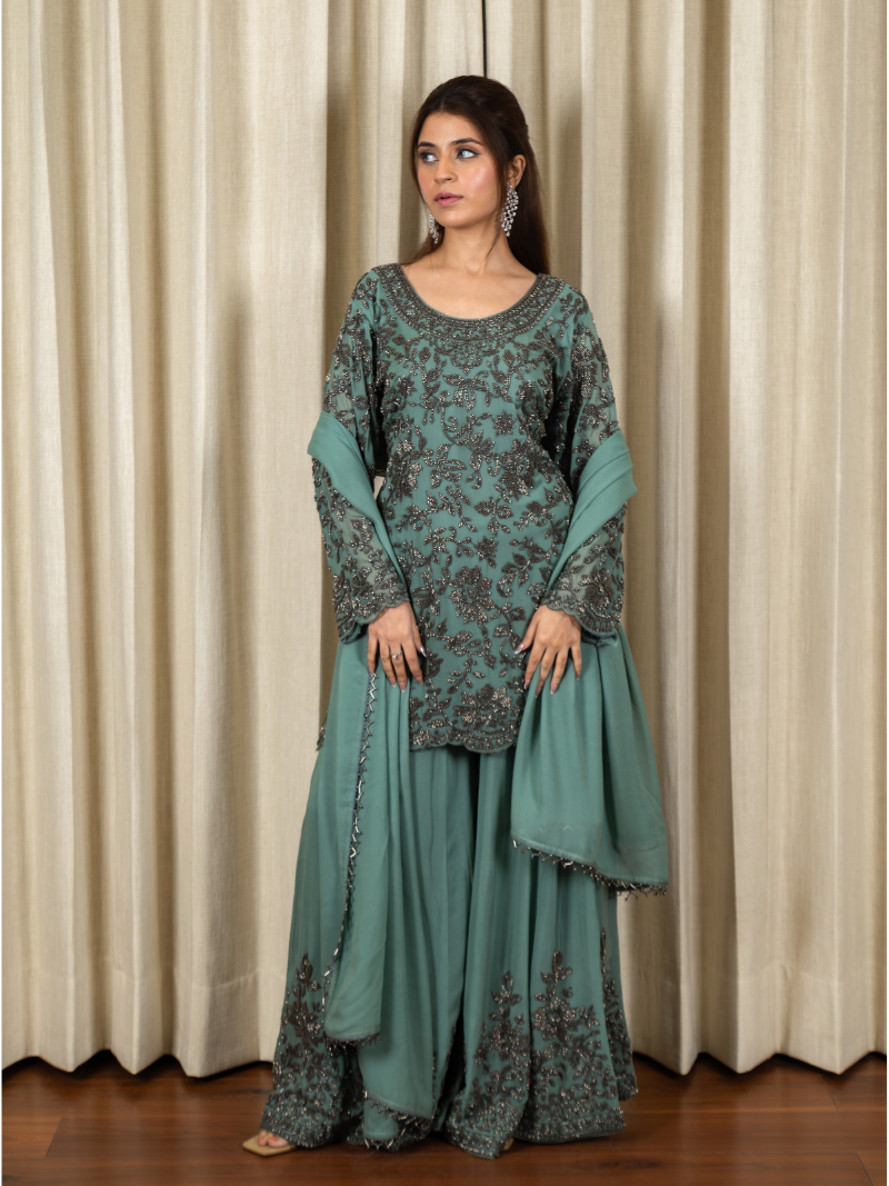 Zayna Georgette Handcrafted Sharara Set – Pastel Teal