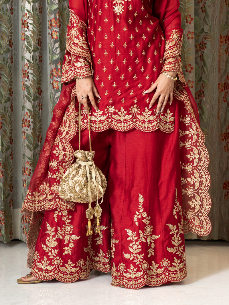 Aarini Mul Chanderi Dori Embroidered Sharara Set – Red