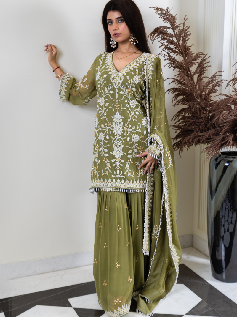 Aleya Pure Georgette Handworked Garara Set – Sage Green