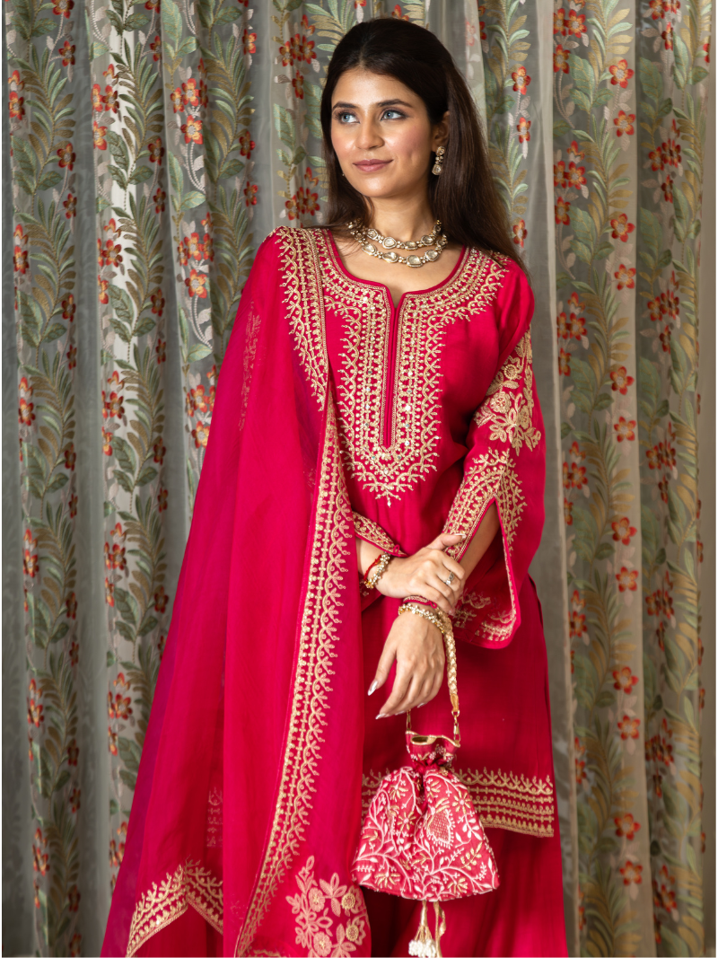 Adhira Mul Chanderi Dori Embroidered Sharara Set – Crimson Red