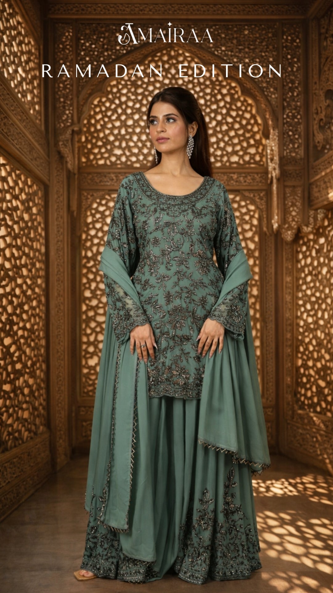 Zayna Georgette Handcrafted Sharara Set – Pastel Teal