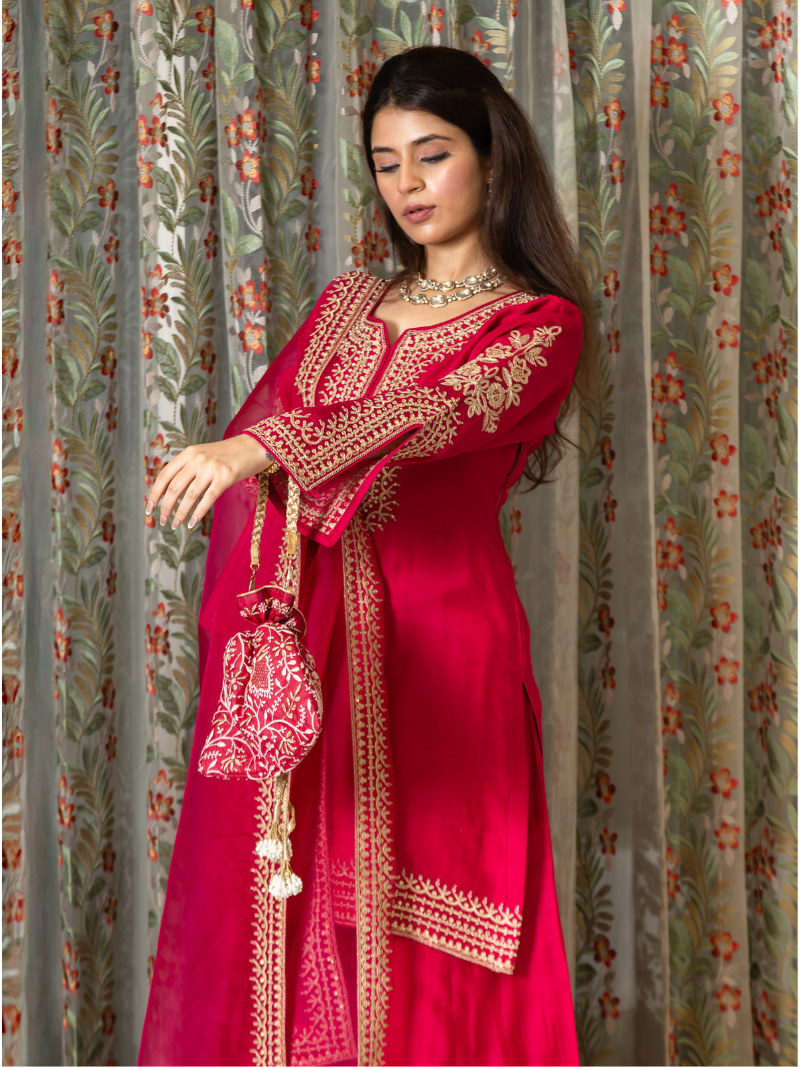 Adhira Mul Chanderi Dori Embroidered Sharara Set – Crimson Red