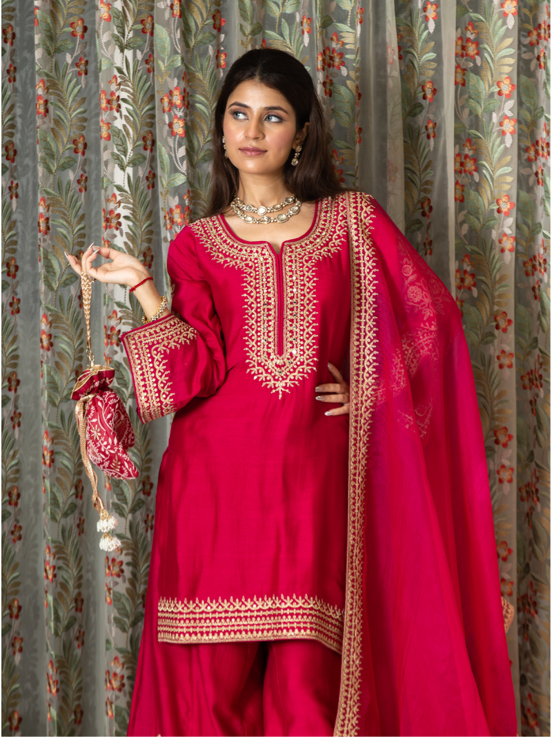 Adhira Mul Chanderi Dori Embroidered Sharara Set – Crimson Red