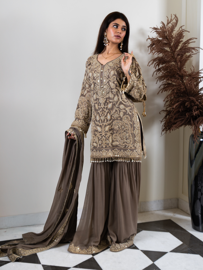 Saher Pure Georgette Handworked Garara Set – Taupe Beige