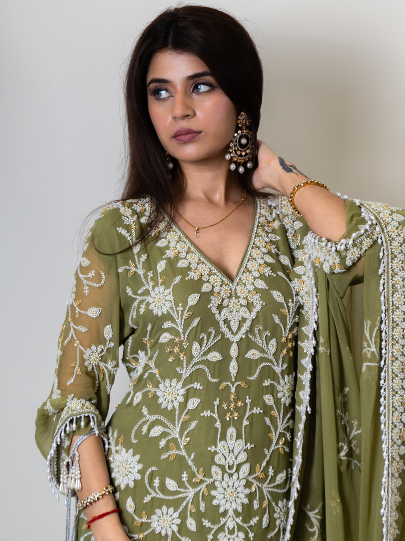 Aleya Pure Georgette Handworked Garara Set – Sage Green