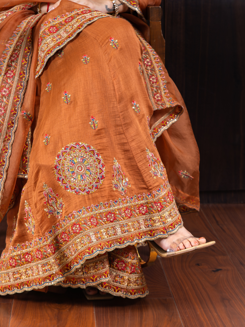 Inara Mul Chanderi Threadwork Garara Set – Terracotta