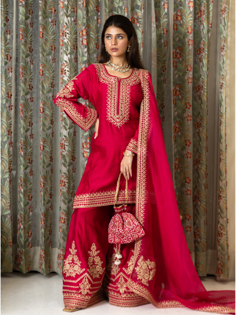Adhira Mul Chanderi Dori Embroidered Sharara Set – Crimson Red