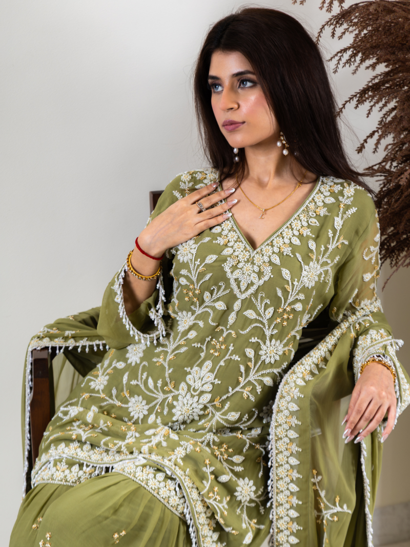 Aleya Pure Georgette Handworked Garara Set – Sage Green