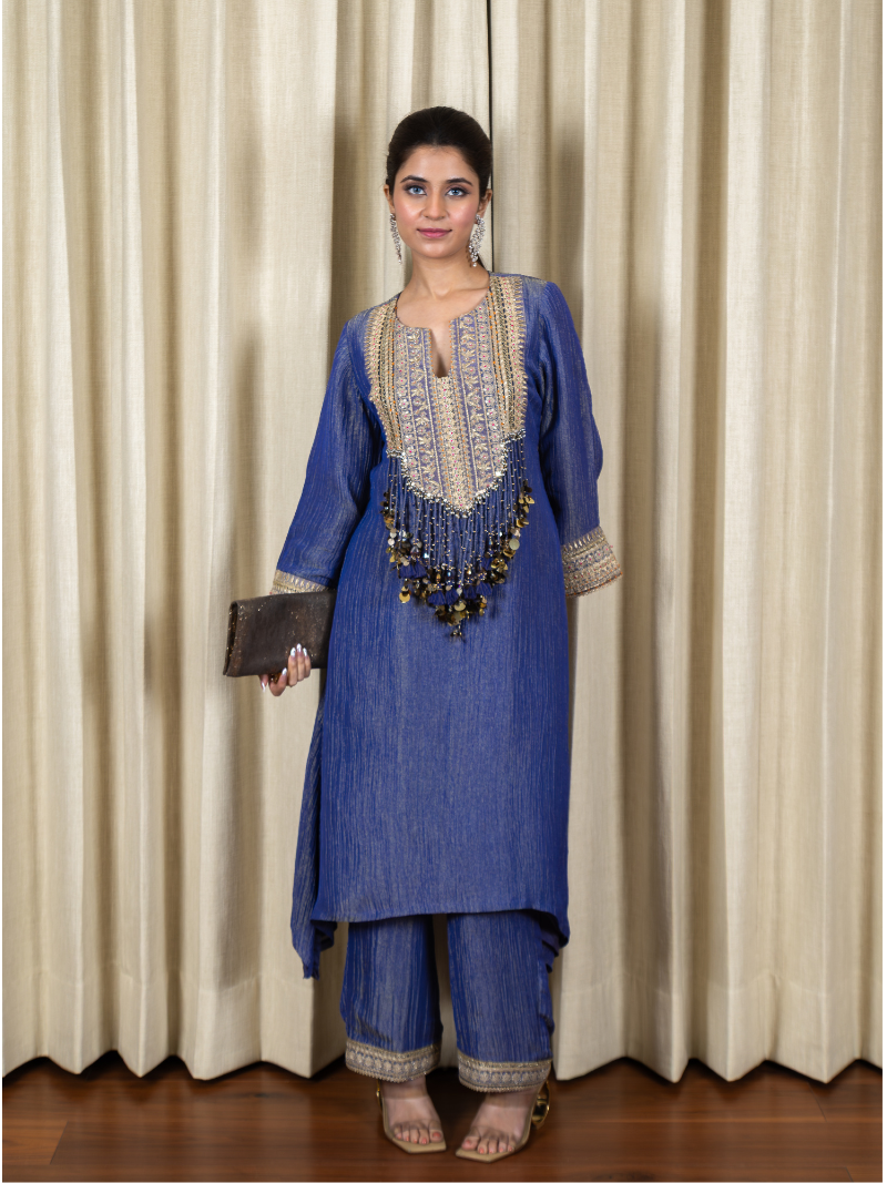Nayra Royal Tissue Handwork Kurta Set – Sapphire Blue