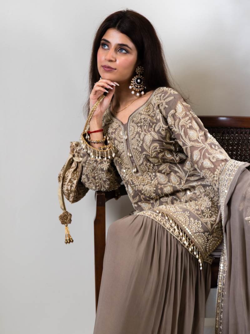 Saher Pure Georgette Handworked Garara Set – Taupe Beige